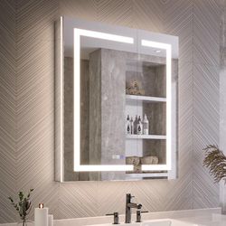30"x36" Medicine Cabinet Mirror, LED Lighted Medicine Cabinet with Electrical Outlet＆USB, 5X Magnifier, Soft Close Door, Anti-Fog, 3 Colors Temperatur