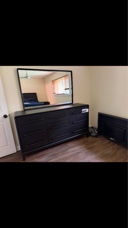 Queen size bed frame, dresser, mirror and nightstand