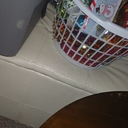 Storage Ottoman  Cream Has Wear N Tear But Still  Serves Purpose Just Cover W Blanket Or Refurnish