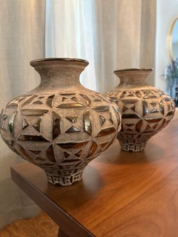 Pair of Rustic Southwestern Boho Ceramic Vases (10” x 9”) - Bronze Geometric Relief Set 🏺✨