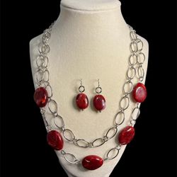 Silvertone Red Beaded Double Row Necklace & Earrings Set