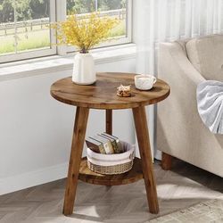 Rustic Wooden Round Side Table – Solid Fir & Smart Storage