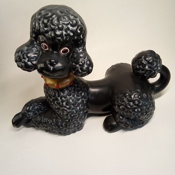 Large 11” VTG MCM Atlantic Mold Black Ceramic French Poodle Laying Dog Figure 73