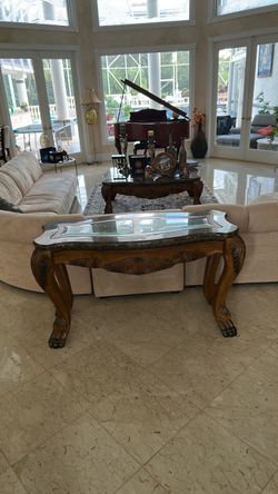 Ornate Wood Table with Glass Top