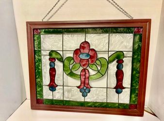 Vintage Stained Glass Framed Square Shape Floral Design 19.5"X 15.5"