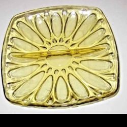 MCM Divided Serving Tray Amber Yellow Gold Floral Pressed Glass Kitchen 7"