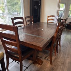 Rustic Dark Wood Rectangular Dining Table W/ Metal Band Accents & 6 Chairs