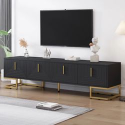 71” Black TV Stand with Metal Legs and Gold Handles for TVs Up to 80", Media Console Table with Cabinets and Adjustable Shelves [NEW]