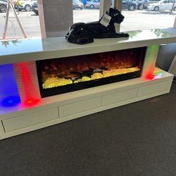 White TV Stand w/ Fireplace & Bluetooth