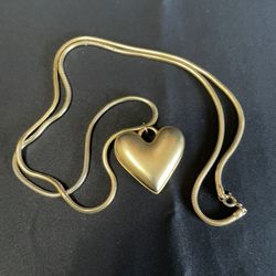 Gold Tone Puffy Heart Necklace With 34” Serpentine Chain