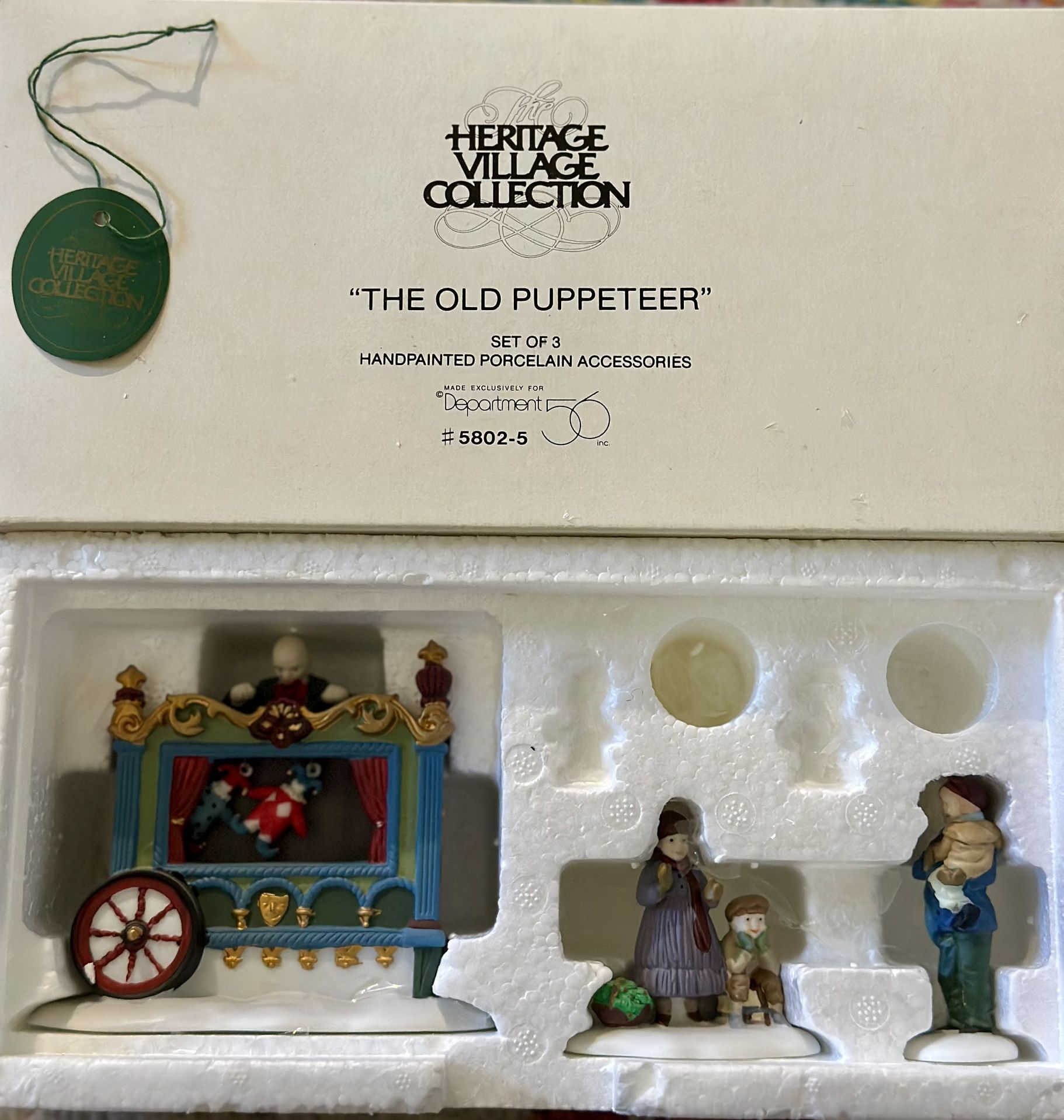 Dept. 56 Heritage Village Collection – Village Accessories “THE OLD PUPPETEER” – Set of 3 Hand-painted porcelain.