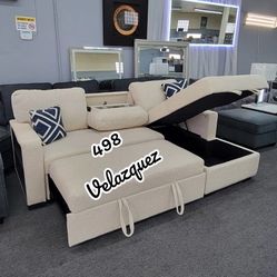✅️✅️2 pc Beige boucle fabric sectional sofa with pop up sleep area and storage chaise drop down tray table wireless charging✅️