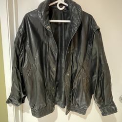 Black Leather Bomber Jacket Size XL