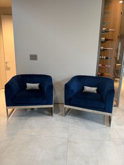Pair of Navy Blue Velvet Accent Chairs with Chrome Frames