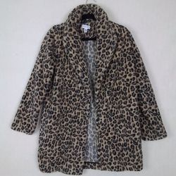Calvin Klein Open Front Plush Sherpa Shacket Size Small w/ Leopard Print
