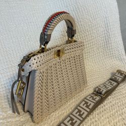 Fendi Peak a Boo Mini Woven Leather Ivory  Purse
