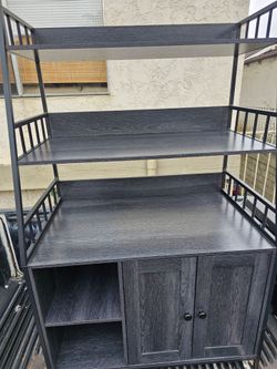 Industrial-style kitchen hutch / baker’s rack with cabinet storage