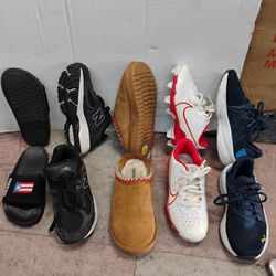 All 5 / Pair of slide sandals with velcro pair of New balance pair of cushionaire pair of Nike diamond fast flex cleats pair of soft stride pumas all 