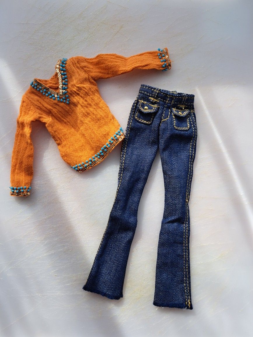 Barbie Best Models - On Location South Beach (2006) Orange Longsleeve Bohemian Blouse And Jeans 