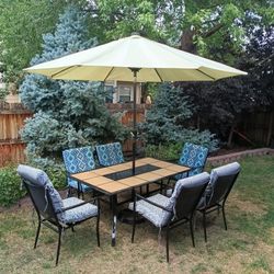 Outdoor Patio Furniture Set Umbrella 88" tall Table 6 Chairs w Cushions