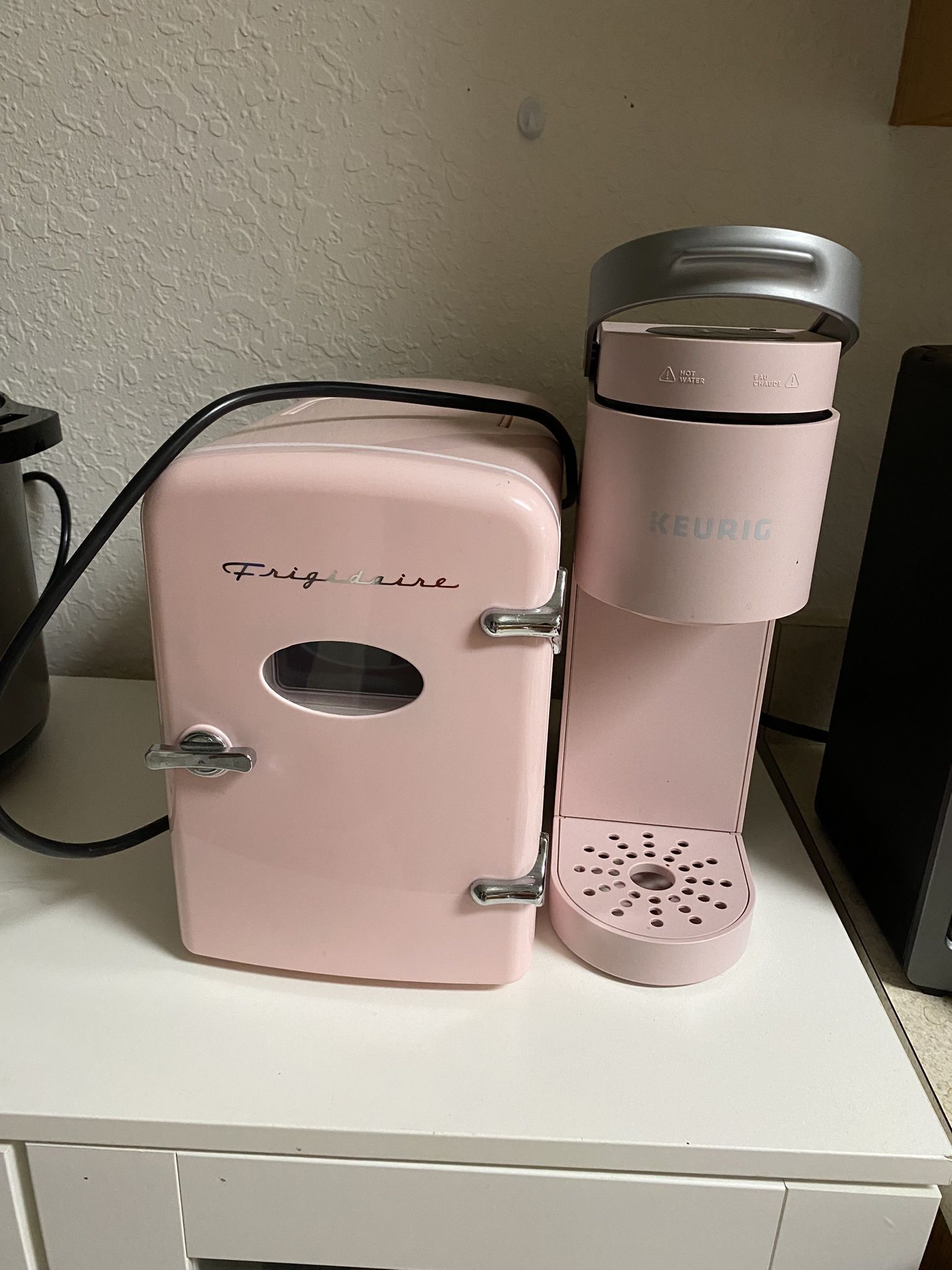 Pink Mini fridge And kEURIG Pod Machine