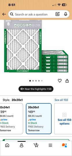 Filterbuy 20x30x1 Air Filter MERV 8 Essential Dust & Allergy Defense (6-Pack), Electrostatic Pleated