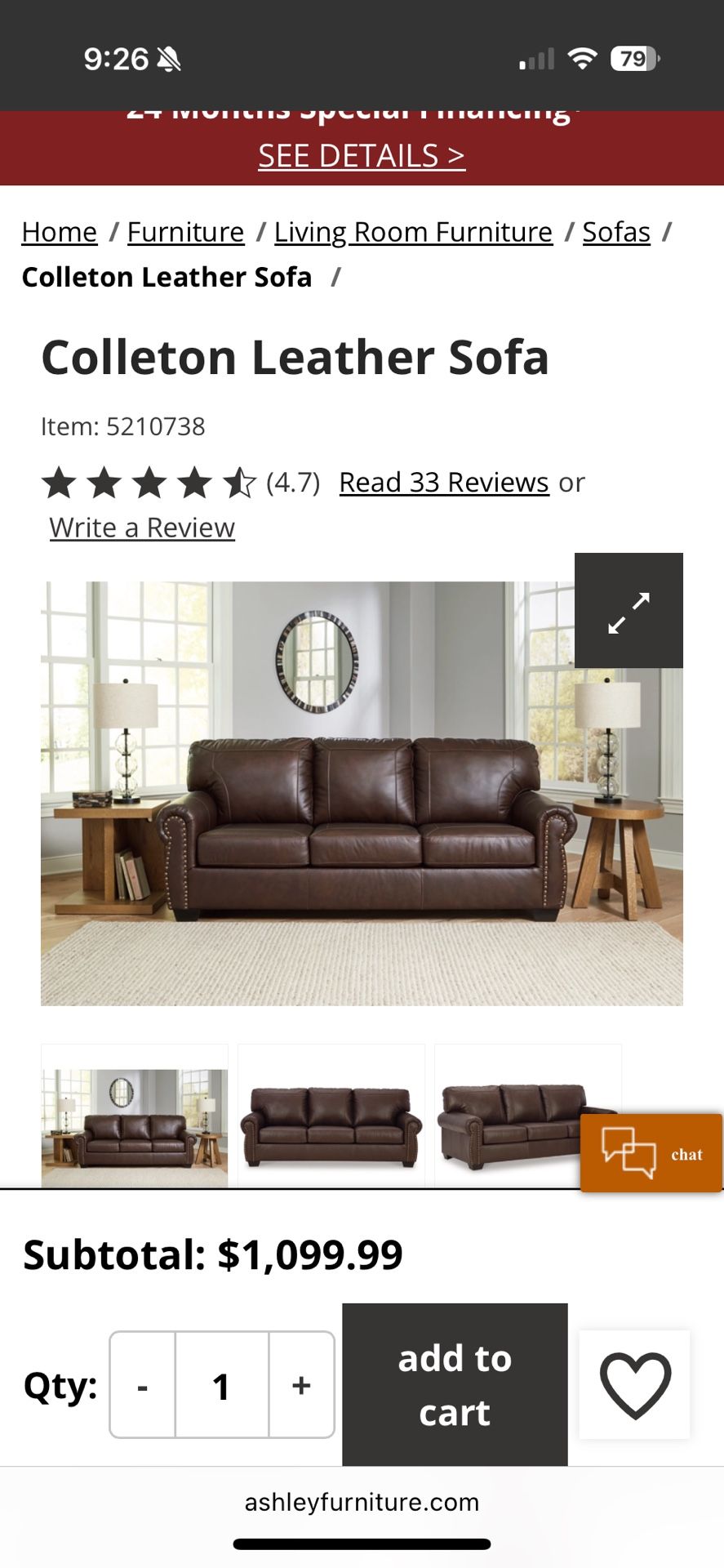 Brand New Ashley “Colleton” Leather Sofa