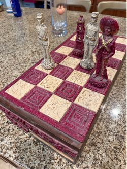 vintage Aztec and Spanish conquistador themed chess set