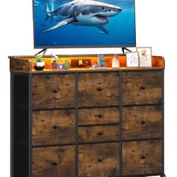 Dresser for Bedroom with Charging Station and LED Lights, Tall TV Stand with 10 Storage Drawers, Fabric Wood Dressers & Chests of Drawers for Kids Bed