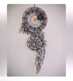 Handmade Black & Silver Spiderweb Dreamcatcher Witchy Woven Glitter Wall Hanging