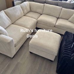 4-pc Sectional Sofa With Ottoman Ivory Corduroy 