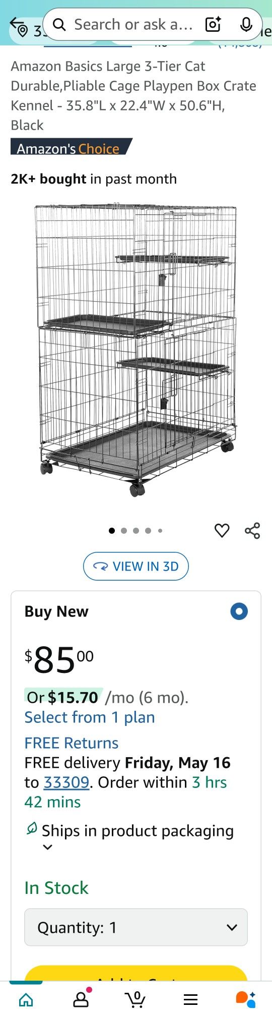 Amazon Basics Large 3-Tier Cat Cage