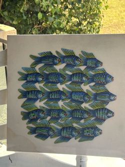 Vintage Made in Mexico Handpainted Folk Art Metal Fish on a Linen Background (some fissues…issues):