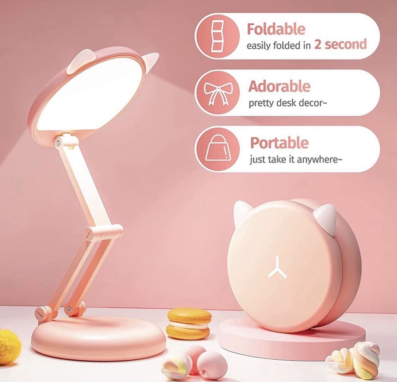 Cute Desk Lamp Pink Lamp Kawaii Desk Accessories, 8 Brightness Cute Lamp Cat Lamp Kawaii Accessories, Foldable & Portable Pink Cute Desk Accessories
