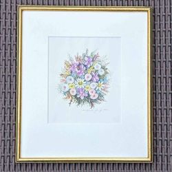 Beautiful vintage watercolor original art painting in distressed gold color frame for hanging
