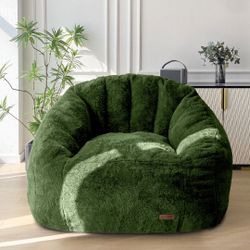 Giant Bean Bag Chair - Faux Fur Oversized Shell Design for Reading (Green)