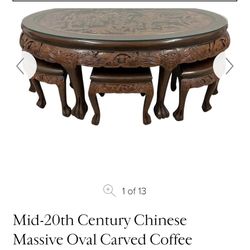 Mid-20th Century Chinese Massive Oval Carved Coffee Table With 6 Nesting Stools! 