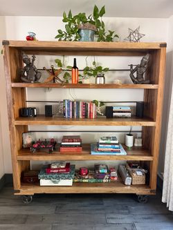 Industrial Wood Bookshelf on Casters