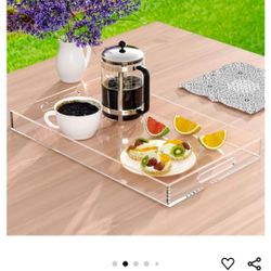 Acrylic Serving Tray 12x20 Inches -Spill Proof- Clear Decorative Tray Organiser for Ottoman Coffee Table Countertop with Handles