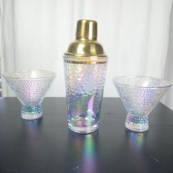 Iridescent Lustered Finish Hammered Dimpled Glass Gold Trim 3 Piece Barware Set