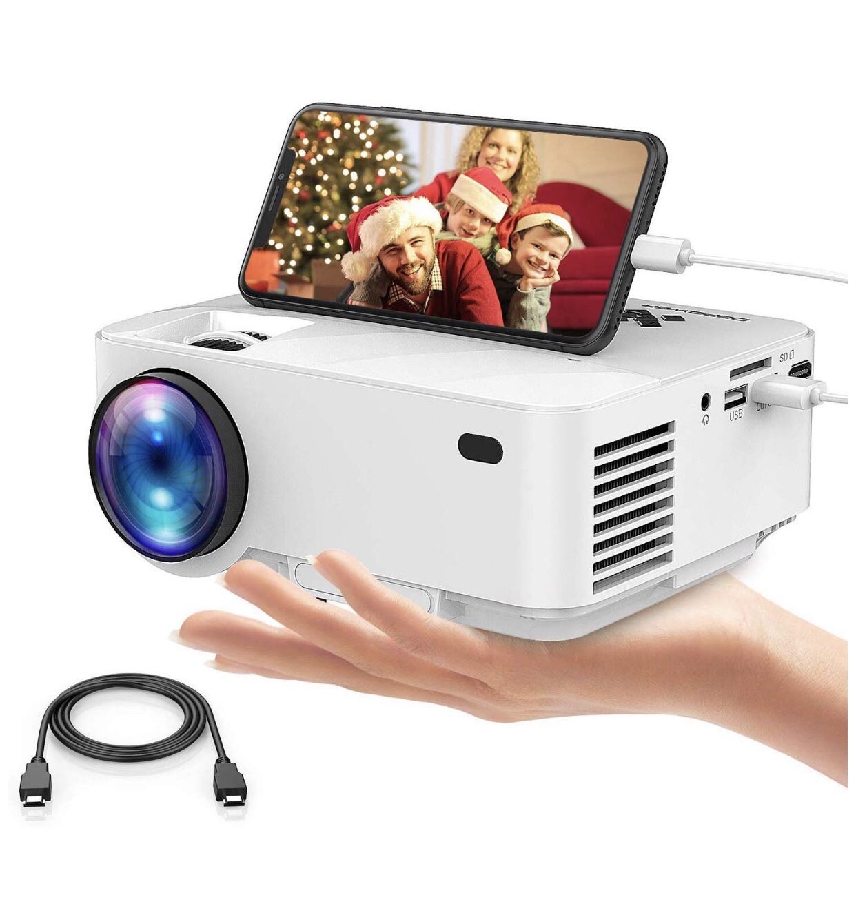 DBpower - Mini Projector, DBPOWER 2400Lux Portable Video Projector for Home Theater, Support Screen Mirror with Smartphone & Pad, 1080P/HDMI/VGA/USB/