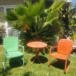 Original 1940s 1950's Retro Vintage Mid Century Rustic Metal Patio Chairs Table Set