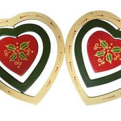 2 wooden Scandinavian looking 3 heart Christmas ornaments.   matching pair