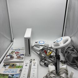Nintendo Wii Console Bundle W/Mario Kart Wii Sports 2 Controllers 2 Wheels WORKS