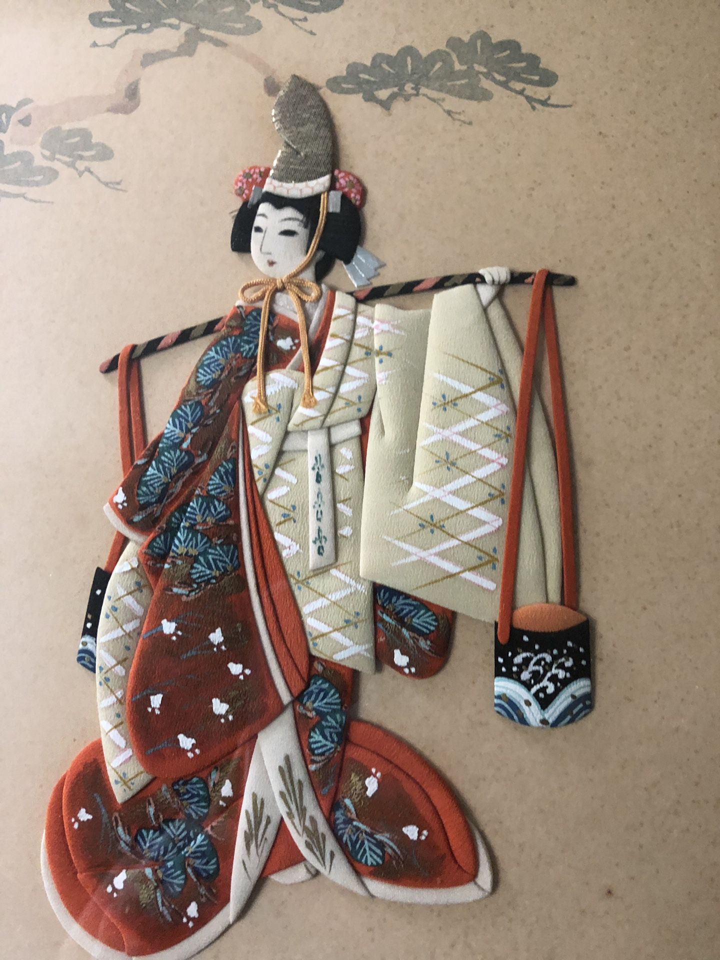 Silk Fabric 3D Wall Art Geisha Girl Japanese Woman Red Kimono