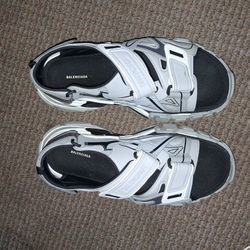  Balenciaga Track sandals in grey, black, and white faux leather and neoprene