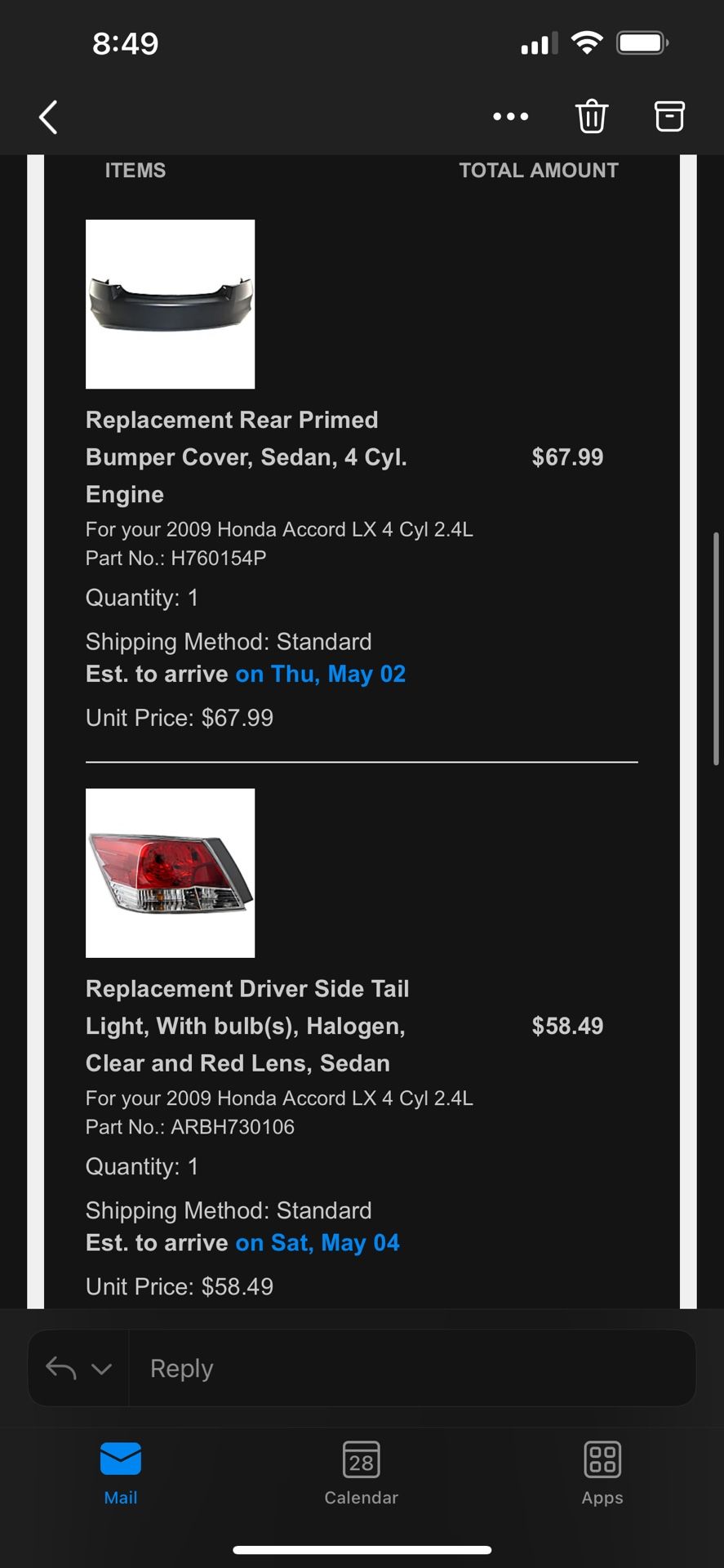 2009 Honda Accord LX Driver Tail Light