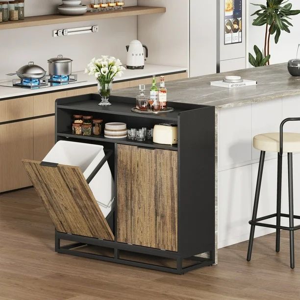 Double Tilt Out Trash Cabinet, Modern 20 Gallon Recycling Trash Bin Cabinets, Storage Cabinet for Kitchen, Laundry, Brown and Black