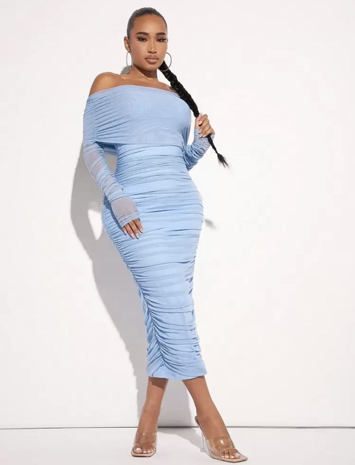SHEIN Off The Shoulder Long sleeve Blue Bodycon Dress