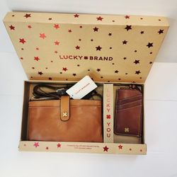 NEW LUCKY BRAND BELL BOX: TAN & WHISKEY GENUINE LEATHER CROSSBODY & CARD CASE KEYRING